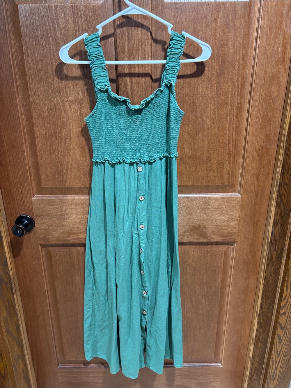 Blu Pepper Teal Green Smocked Midi Dress with Button Front